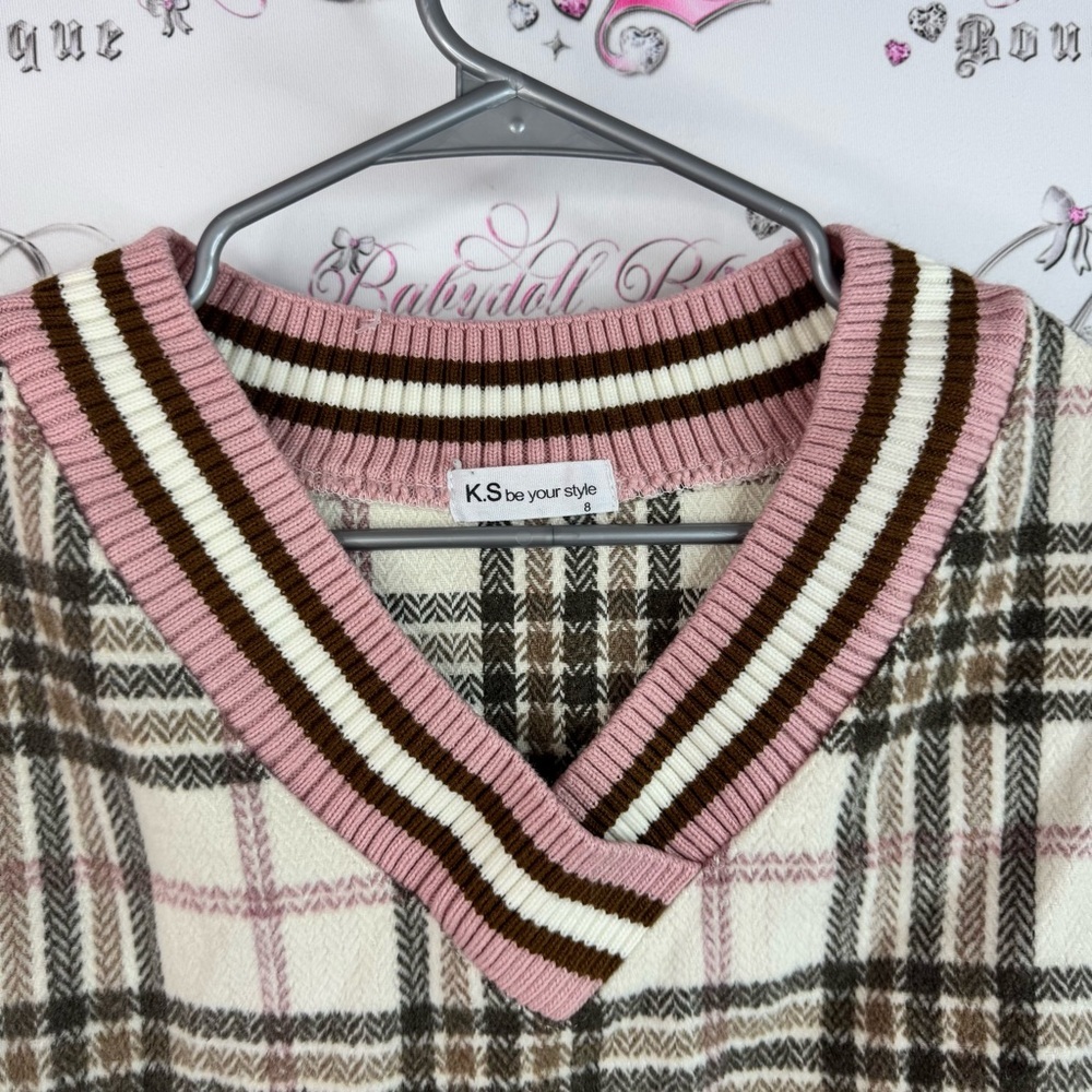 K.s be your style sweater stripes Plaid V-Neck Sweater - Cream and Pink knit - Picture 6 of 8